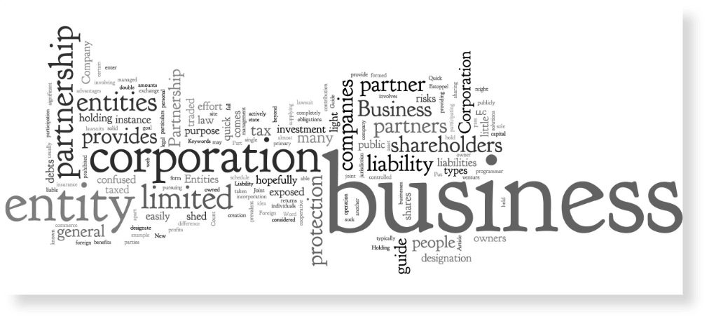 a combination of text words showing entity, corporation, limited company, business, shareholders.